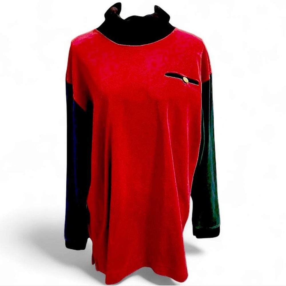 1980s vintage Talbots Black blue green Red velour Cotton long sleeve Top xl - Picture 2 of 6